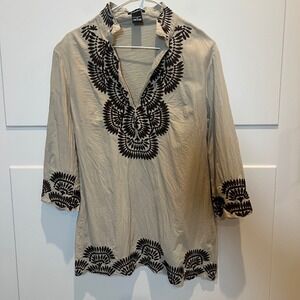 Santori Embroidered Tunic Top Women's Small Beige‎ Brown Boho Bohemian Shirt